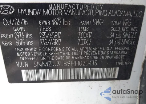 2017 Hyundai Santa Fe Sport 2.4L from USA, damaged, VIN 5NMZU3LB9HH020415